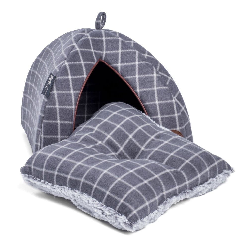 GREY WINDOW PANE CHECK IGLOO CAT BED