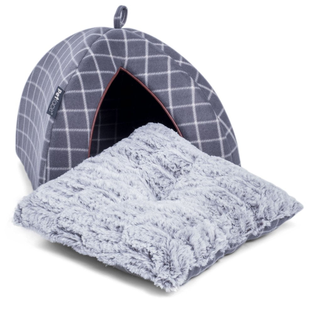 GREY WINDOW PANE CHECK IGLOO CAT BED
