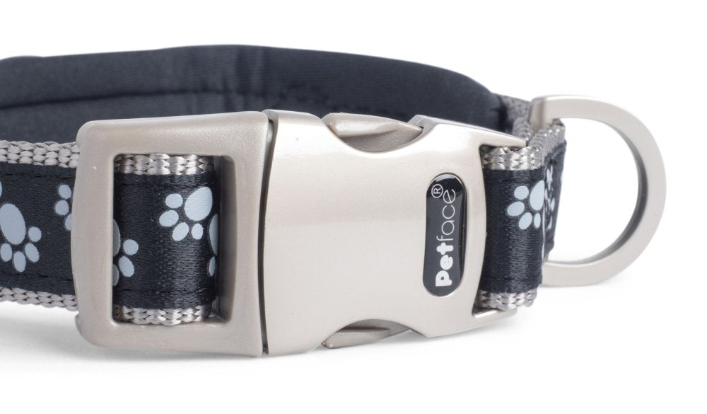 PADDED DOG COLLAR BLACK PAWS SML