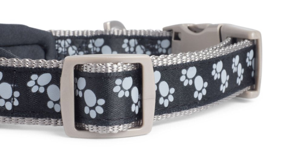 PADDED DOG COLLAR BLACK PAWS SML