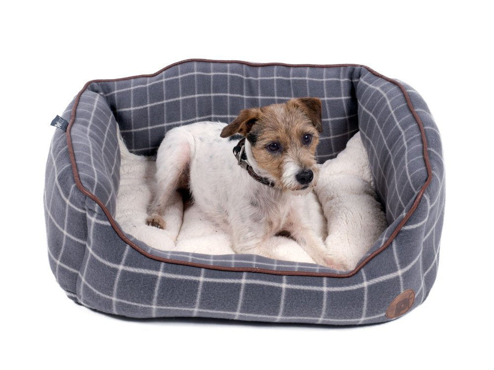 GREY WINDOW PANE CHECK SQUARE PET BED MED