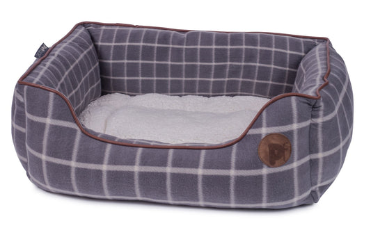 GREY WINDOW PANE CHECK SQUARE PET BED MED