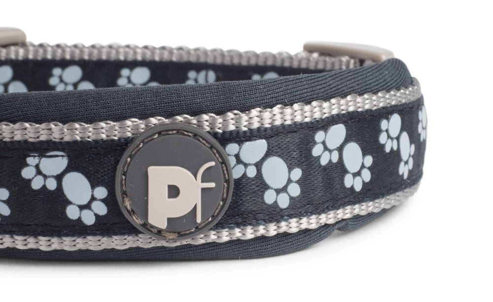 PADDED DOG COLLAR BLACK PAWS SML