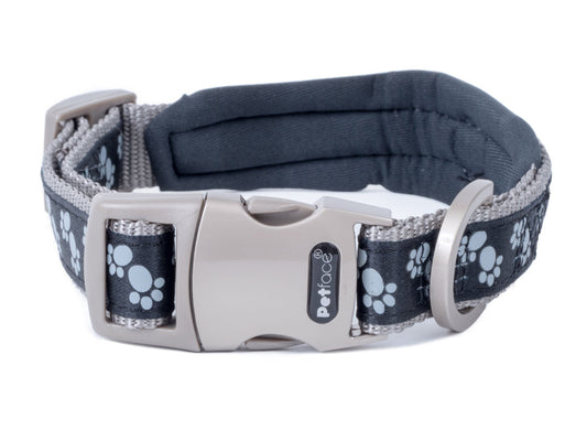 PADDED DOG COLLAR BLACK PAWS SML