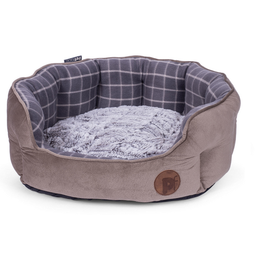 GREY CHECK & BAMBOO OVAL PET BED MED