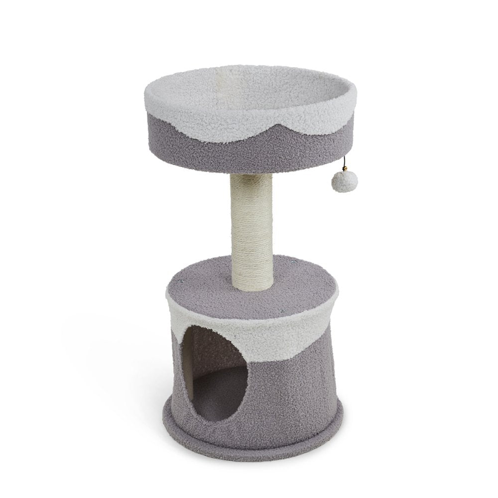 TEDDY FLEECE CAT HIDE WITH SCRATCH POST AND PLATFORM BED