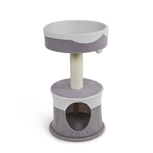 TEDDY FLEECE CAT HIDE WITH SCRATCH POST AND PLATFORM BED