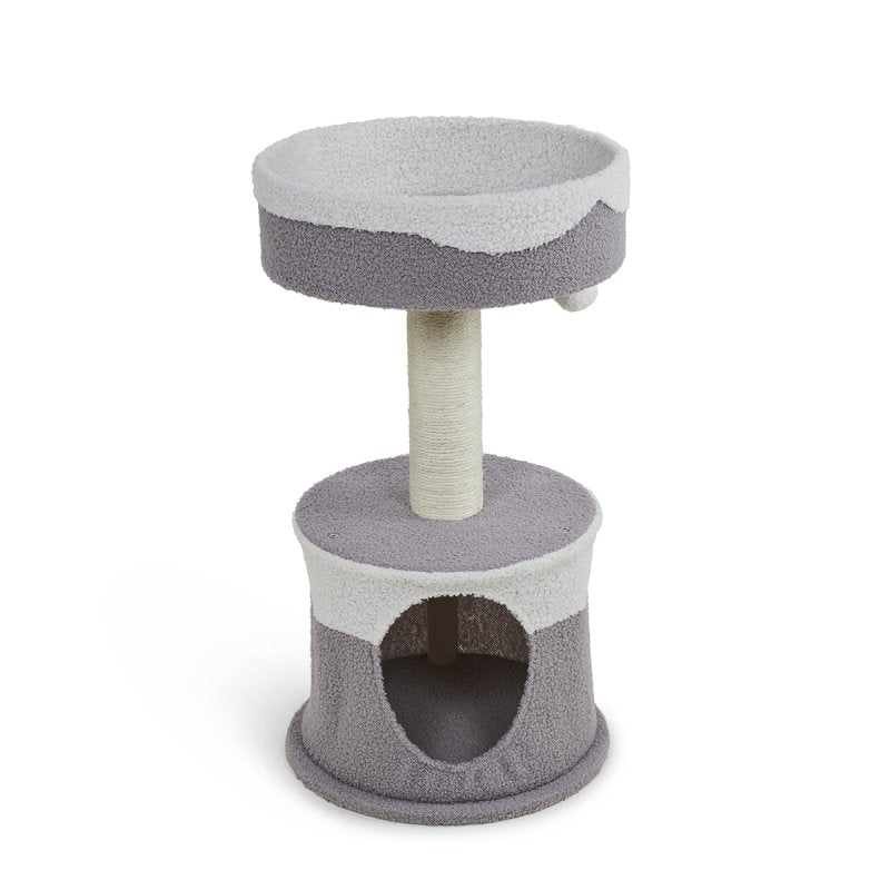 TEDDY FLEECE CAT HIDE WITH SCRATCH POST AND PLATFORM BED
