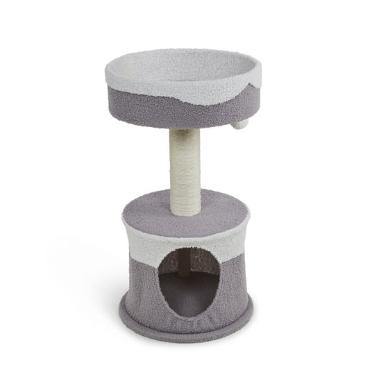 TEDDY FLEECE CAT HIDE WITH SCRATCH POST AND PLATFORM BED